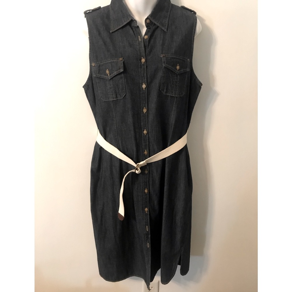 NAUTICA Navy Denim Sleeveless Belted Midi Shirt Dress Size 12 Midi New